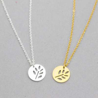 women jewelry small tags gold plated disc pendant laser cut leaf brushed stainless steel necklace